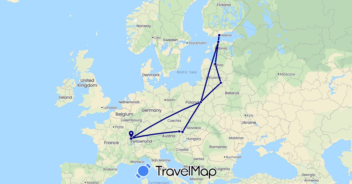 TravelMap itinerary: driving in Austria, Estonia, Finland, France, Lithuania, Latvia, Poland, Slovakia (Europe)